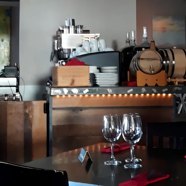 A restaurant interior with wine glasses on a table and a bar area with bottles and barrels.